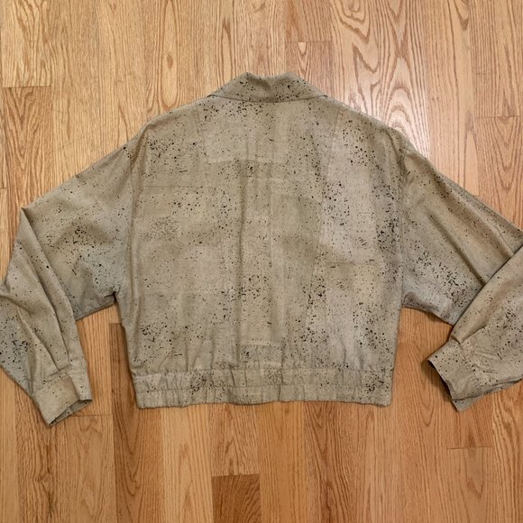 100% silk 80s style paint splatter khaki cropped bomber jacket - Picture 5 of 11